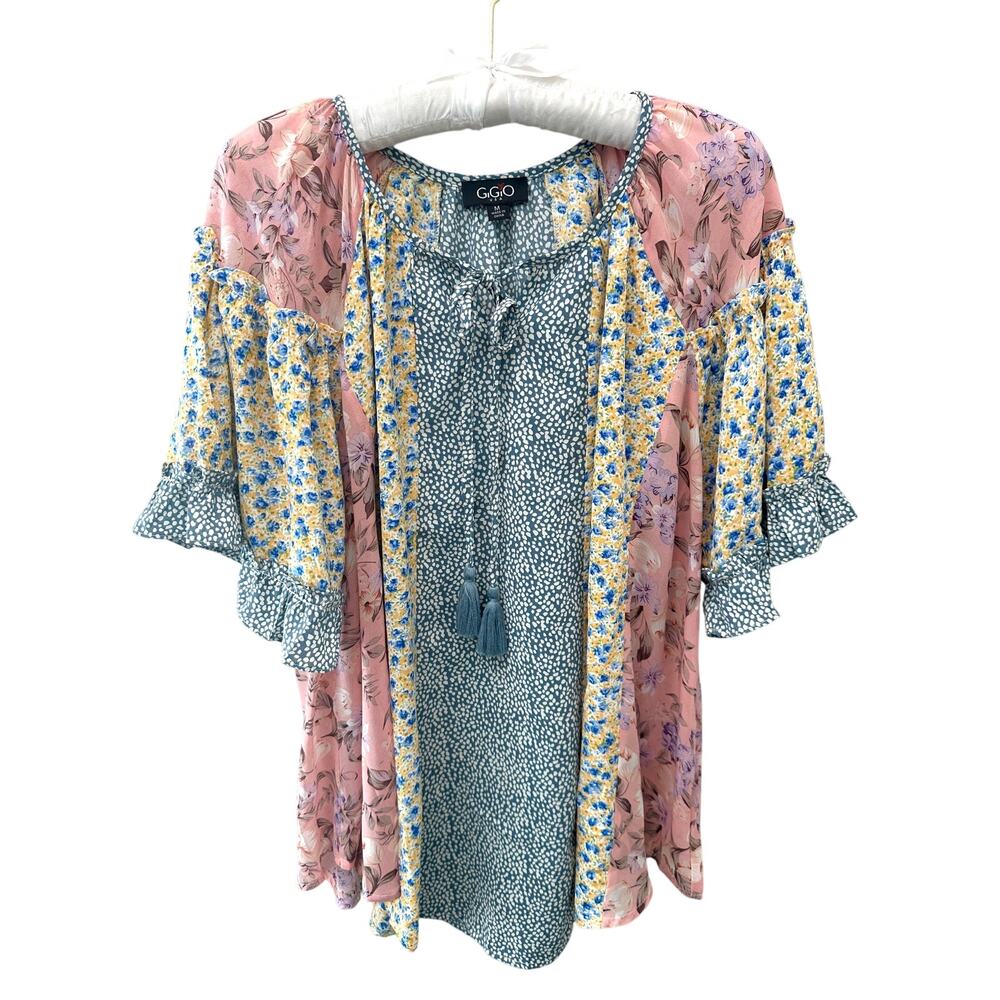 GGO Floral Mixed-Print Pink and Blue Blouse